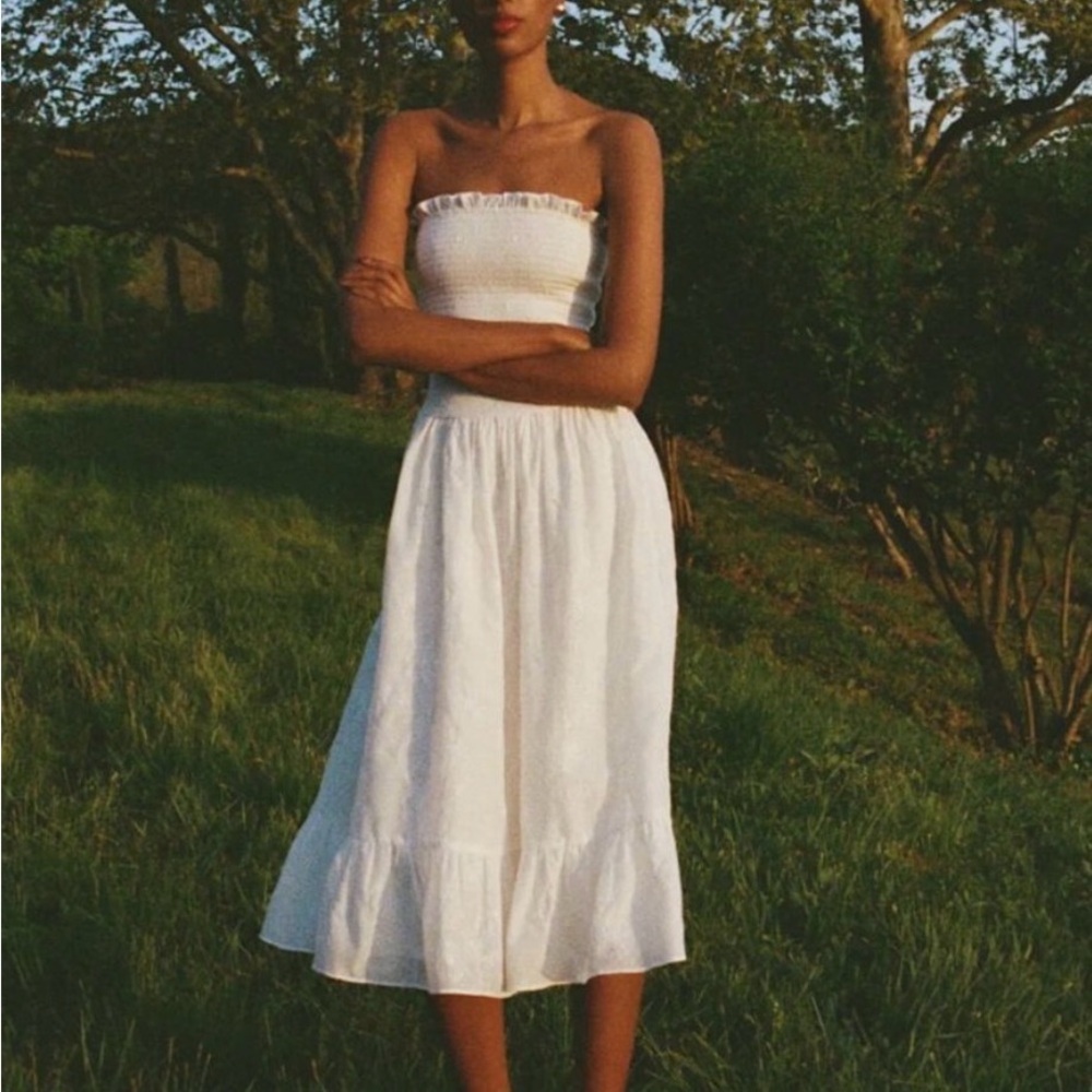 Reformation Laurine Strapless Smocked Midi Dress